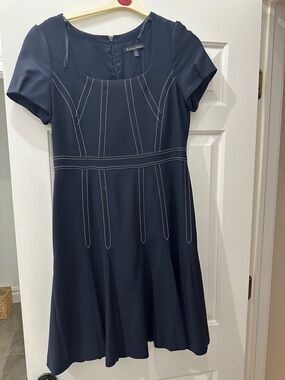 Brooks Brothers Navy Short-Sleeve Stitch-Detail Fit & Flare Midi Dress